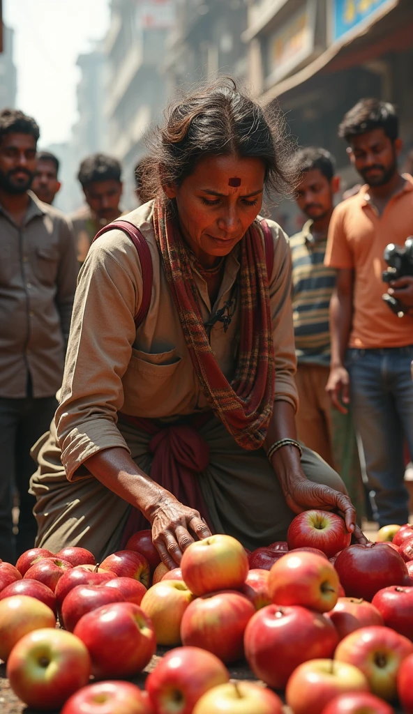 A Indian poor woman is making a big cow out of apples on road people are watching
