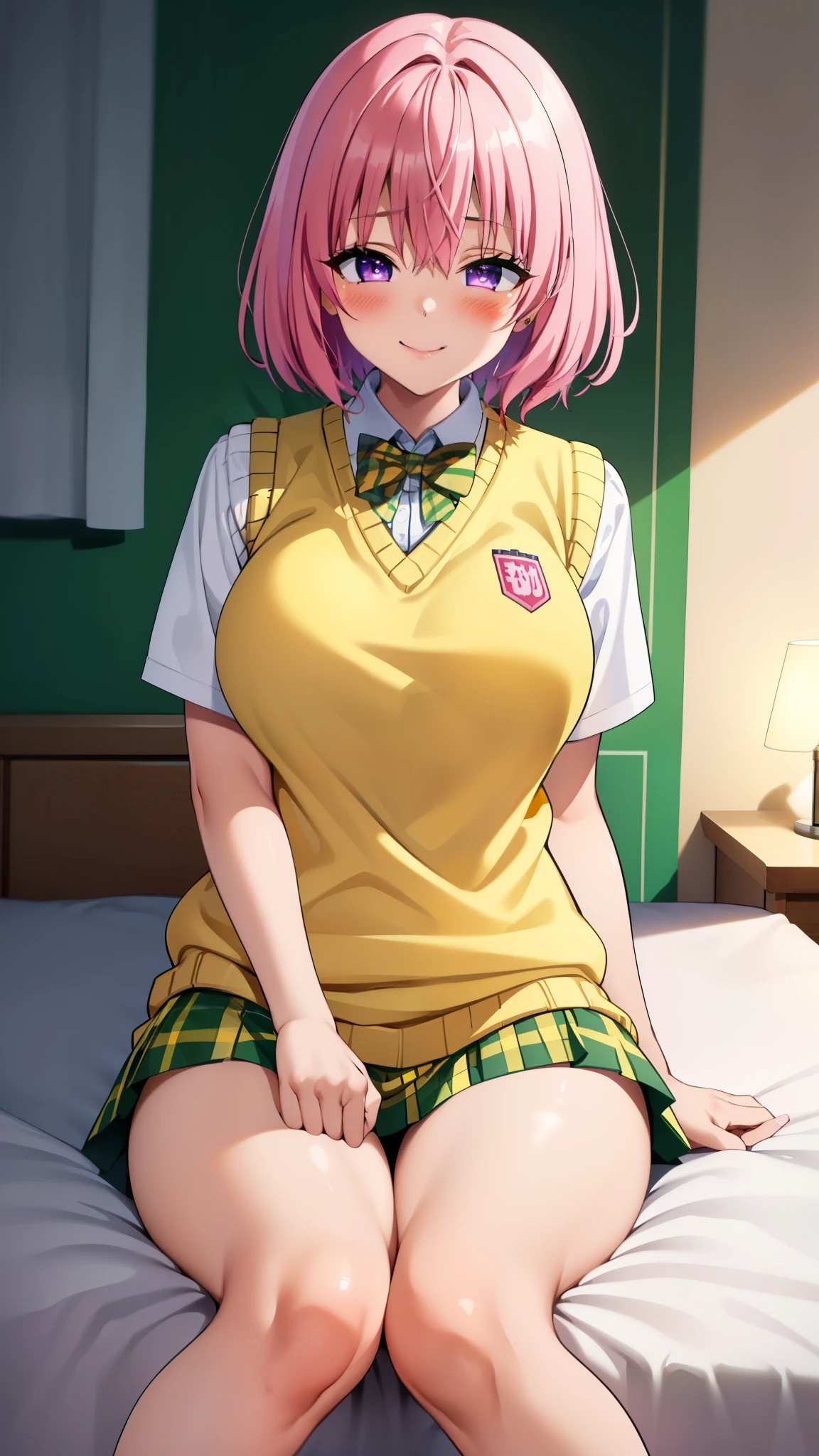8k,Highest,quality,(highest quality:1.1), (masterpiece:1.4), (Confused:1.0),
1 girl, Momo Deviluke, hair ornaments, Bobcut, Short Hair Pink Hair, Purple eyes, Large Breasts, green skirt, Plaid, Plaid skirt, sainan high school uniform, skirt, Sweater vest, Knee socks, socks ,(Yellow Sweater:1.5), Short sleeve,((bed)),((In her room)), (blush:1.2), smile,(Perfect Fingers),mesugaki,