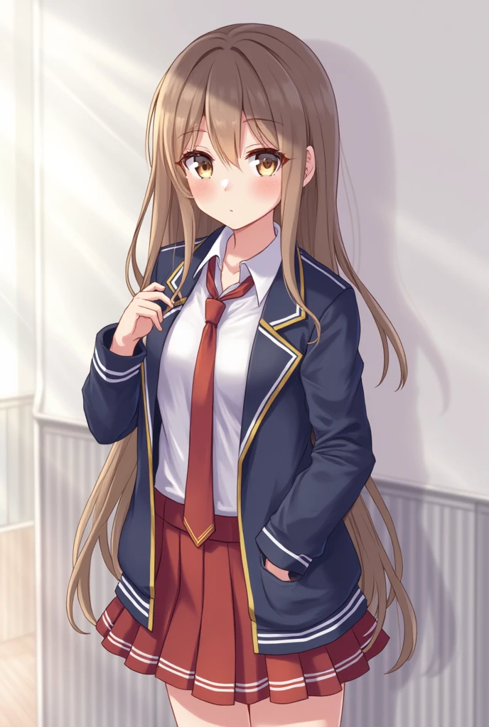 one girl, anime style, jacket, necktie, skirt, beautiful