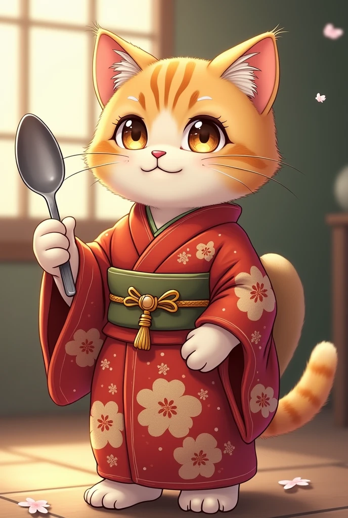 Cat wearing kimono。Her face is cute like an anime character。He has a silver spoon in his hand。The cat is yellowish in color