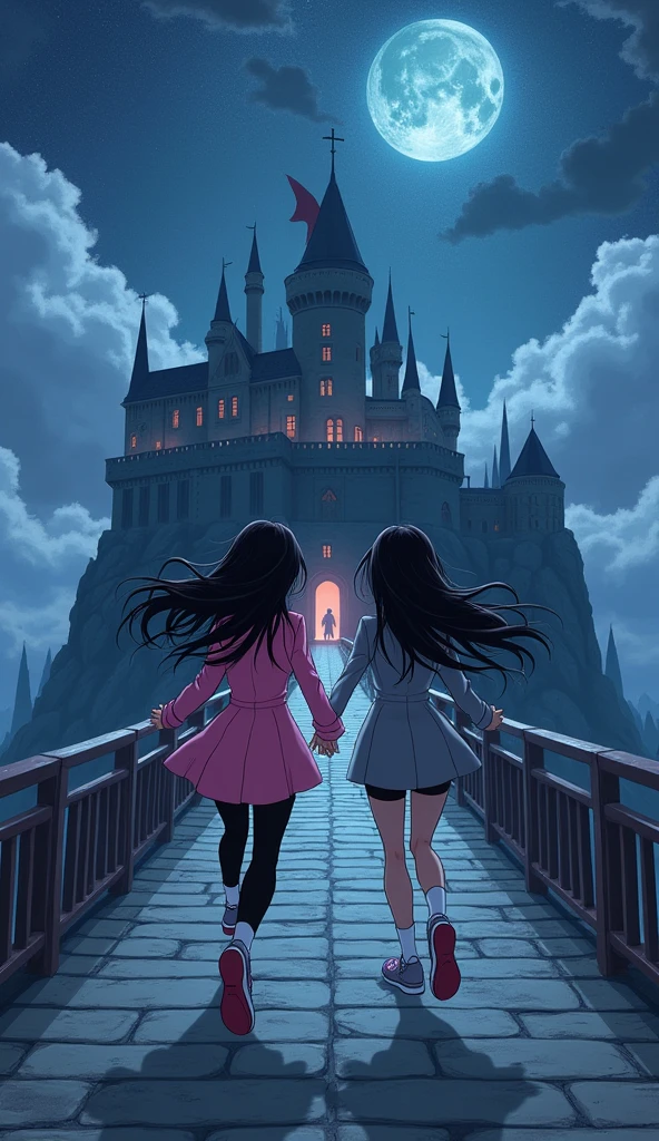 Two girls long black hairs, yuri,(The first girl wear a pink suit, black shirt, pink pencil skirt, black underpants, black tights, white socks, pink sneakers) and (The second girl wore a grey suit, black shirt, grey pencil skirt, black underpants, black tights, white socks, grey sneakers), running on the long bridge, entry of vampire castle, fantastic night sky, novel cartoon, 4K, HD