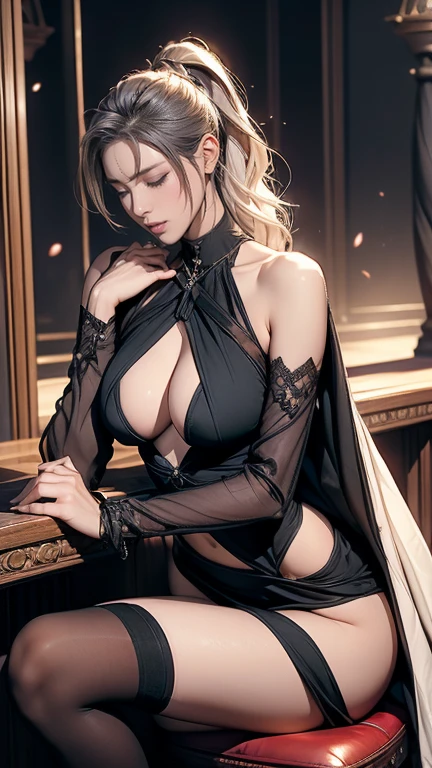 (masterpiece, best quality), Sexy fair-skinned female assassin，Immerse yourself in a medieval fantasy world:1.0、 (Inside the bar:1.1), High forehead, Wavy short hair tied into a ponytail:0.3, night, Detailed aspects, seduce 、Large Breasts、Big Ass、Wide waist、
full-body shot:1.7
(Wear sexy fantasy world costumes,Wearing long-sleeved clothes,Showing underwear is very sexy:1.3)
(Wearing a magical witch costume）
(The clothes are very sexy,Show sexy waist:1.1)
white hair color:015
((feeling in pain:1.7))((Frowning and wanting to moan:1.7)) (almost close eyes:1.5)
Look back at the camera:1.6 tied up tied up：1.6. Back nude:1.6 Turn your back to the camera:1.8. Lie down on a chair:1.9 Show your buttocks:1.6 Show armpits：1.1 Open your mouth slightly and shout for help:1.9 Open your beautiful legs:1.9 Eyebrows curve downward：1.2 wearing high heels:1.6 transparent black stockings:1.6