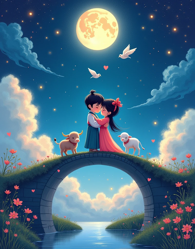 Abstract Pictorial，Cartoon illustration，Ambilight，Healing gouache，Starry Sky，Dark night shimmer，(Qixi Valentine's Day)，Ancient Chinese Mythology，(Hanfu)，((Boys and girls snuggle together:1.7))，(Standing on the arch bridge)，(((A cute calf:1.7)))，(((3 magpies:1.8))), ((Fluffy love heart))，Fluffy clouds，Star，Beautiful moon，Grass，Flowers，In a dream，A vibrant and fun way to set the stage，Blue, purple and pink tones，Bright，Art，gorgeous，Beautiful illustrations，Ultra-high-definition picture quality，Self-illumination，Dark Magic，Tyndall Light，Large area of white space，The character is in the center of the frame，Morandi color tone，アニメ, Style, Minimalism, 8k, Stable composition, Complex details