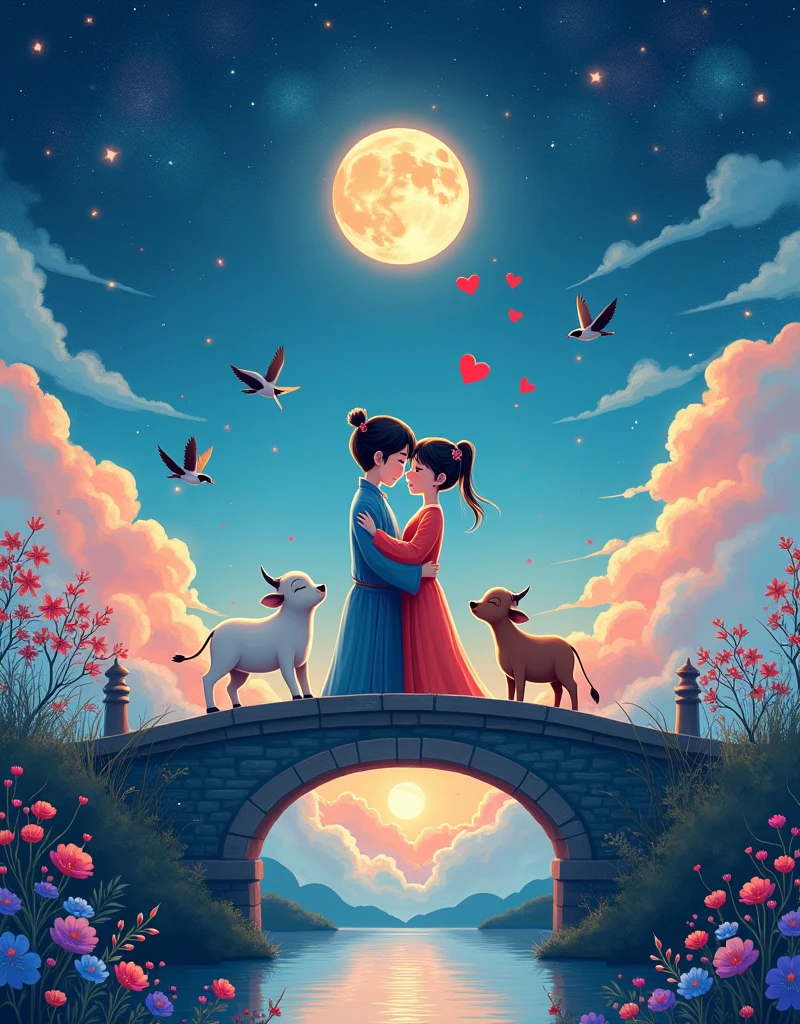 Abstract Pictorial,Cartoon illustration,Ambilight,Healing gouache,Starry Sky,Dark night shimmer,(Qixi Valentine's Day),Ancient Chinese Mythology,(Hanfu),((Boys and girls snuggle together:1.7)),(Standing on the arch bridge),(((A cute calf:1.7))),(((3 magpies:1.8))), ((Fluffy love heart)),Fluffy clouds,Star,Beautiful moon,Grass,Flowers,In a dream,A vibrant and fun way to set the stage,Blue, purple and pink tones,Bright,Art,gorgeous,Beautiful illustrations,Ultra-high-definition picture quality,Self-illumination,Dark Magic,Tyndall Light,Large area of white space,The character is in the center of the frame,Morandi color tone,アニメ, Style, Minimalism, 8k, Stable composition, Complex details