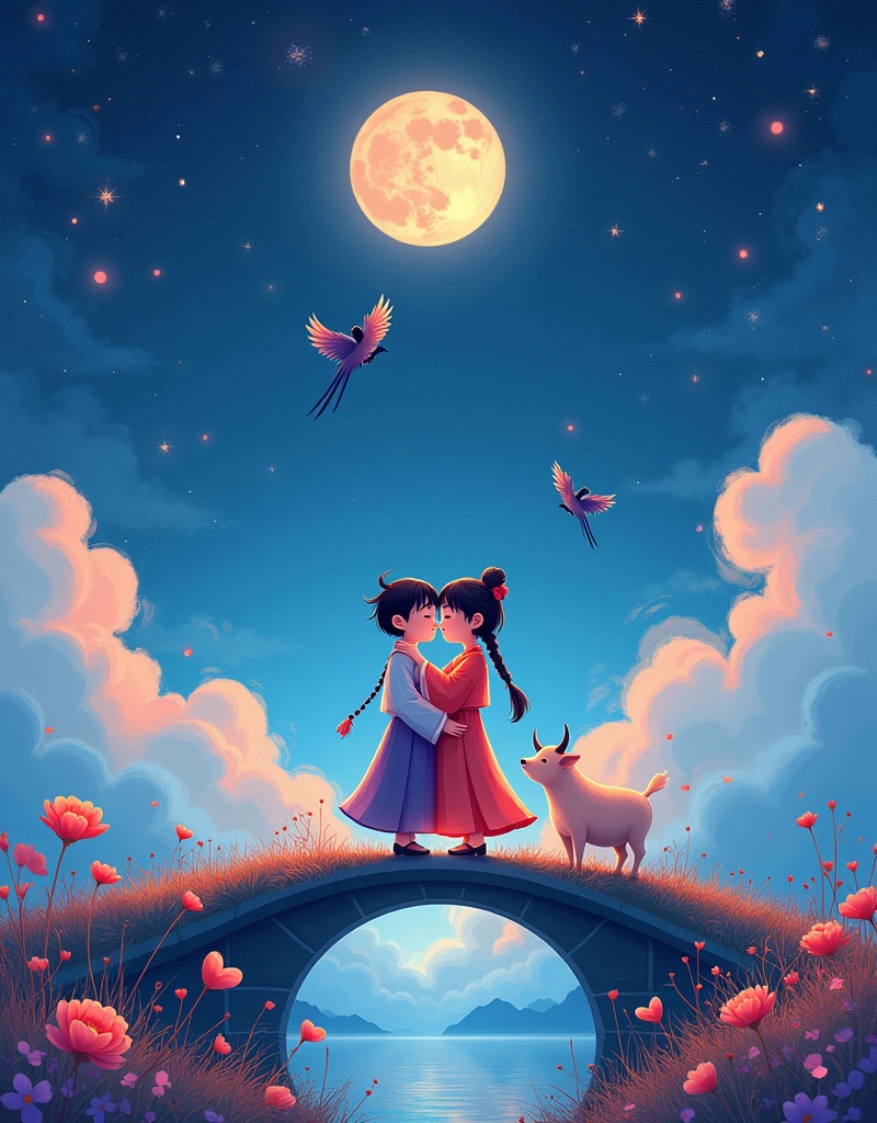 Abstract Pictorial，Cartoon illustration，Ambilight，Healing gouache，Starry Sky，Dark night shimmer，(Qixi Valentine's Day)，Ancient Chinese Mythology，(Hanfu)，((Boys and girls snuggle together:1.7))，(Standing on the arch bridge)，(((A cute calf:1.7)))，(((3 magpies:1.8))), ((Fluffy love heart))，Fluffy clouds，Star，Beautiful moon，Grass，Flowers，In a dream，A vibrant and fun way to set the stage，Blue, purple and pink tones，Bright，Art，gorgeous，Beautiful illustrations，Ultra-high-definition picture quality，Self-illumination，Dark Magic，Tyndall Light，Large area of white space，The character is in the center of the frame，Morandi color tone，アニメ, Style, Minimalism, 8k, Stable composition, Complex details