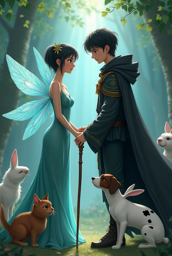 an adult female water fairy, playful and serious personality, with wings. He uses a cane in his right hand. with short black hair who is looking lovingly in front of a magical male sorcerer, black cape, calm and affectionate personality. Her pet is a magical brown cat who watches the fairy. a white rabbit with black spots and a brown dog with white spots