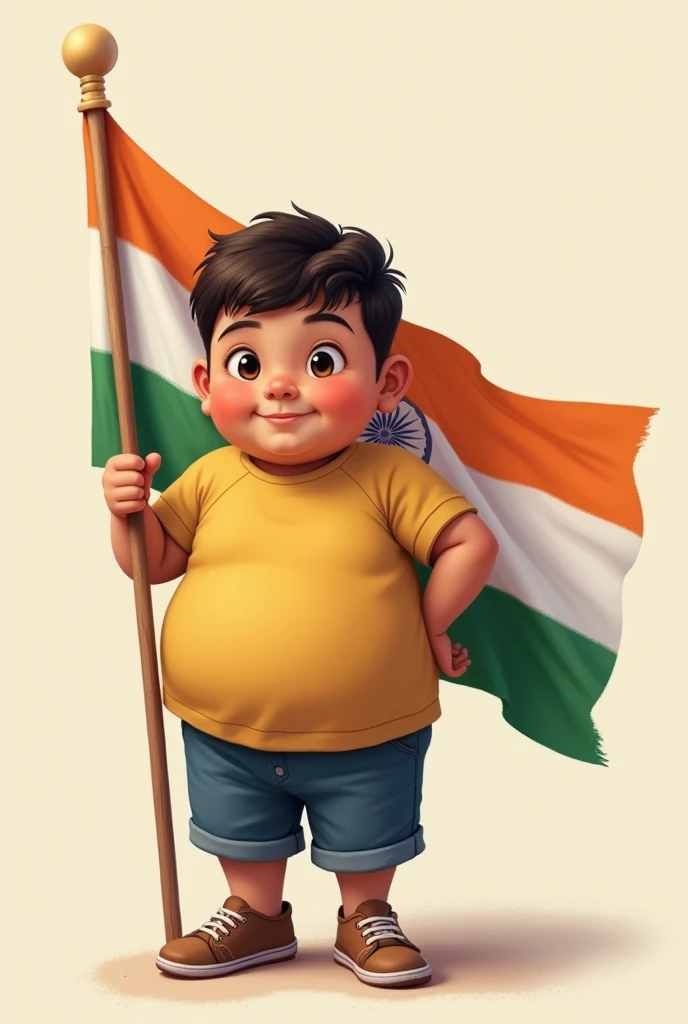 A 15 year boy who is fat with Chubby cheeks and have 5.4 feet height standing with Indian flag