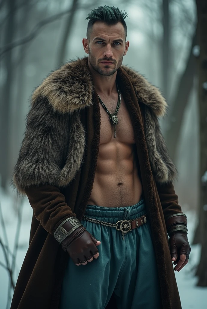 Handsome russian man. He is tall. Has muscular build, pale skin. Gray shiny eyes (nearly white). Gray eyes. Spiky short degraphed hair. Dark brown (slightly green) hair tone. Wears a fur mantle (brown). Metallic blue baggy pants. He is a russian druid. No facial hair, no mustache, no beard. Manly face, masculine face, shaved. Muscular.