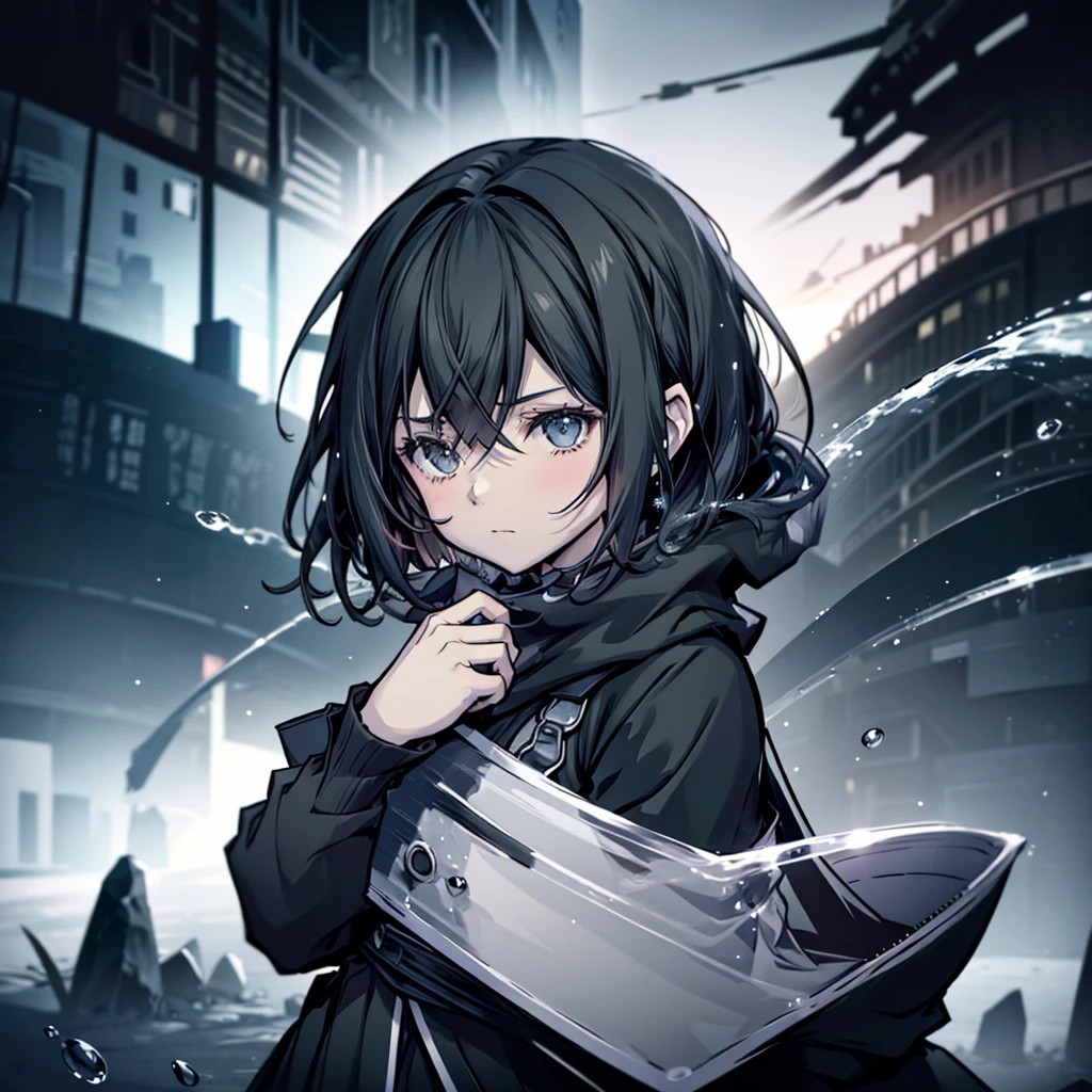 anime girl with black short hair, black cloak, adorable,Hail33, 18yo(1.0),(subsurface scattering:1.1),sharp focus,award-winning photograph,professional portrait photography,RAW photography (very detailed background:1.2),(fantasy:0), dramatic lighting, full body portrait, standing, full body photo, full body photograph, full body shot, apocaliptic, floating drops of water, ethereal, dark night, low light, stars