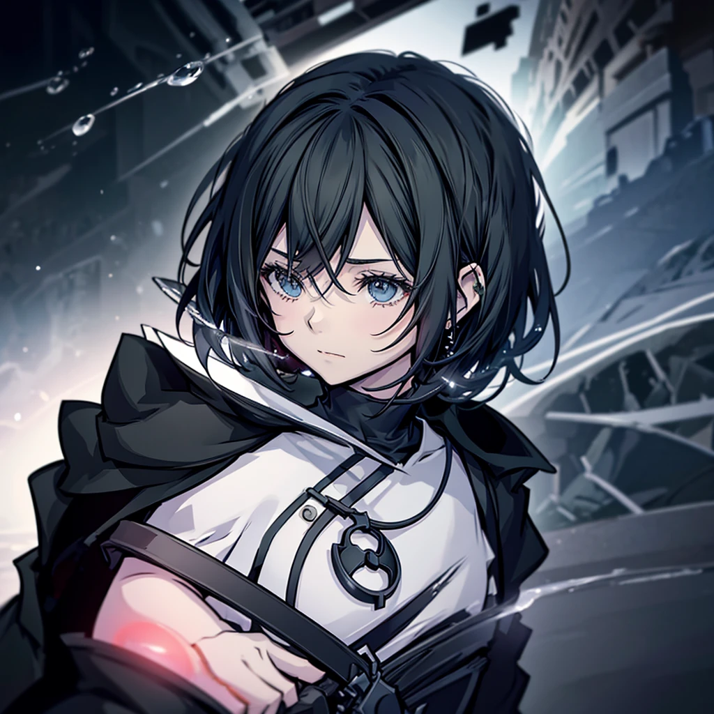 anime girl with black short hair, black cloak, adorable,Hail33, 18yo(1.0),(subsurface scattering:1.1),sharp focus,award-winning photograph,professional portrait photography,RAW photography (very detailed background:1.2),(fantasy:0), dramatic lighting, full body portrait, standing, full body photo, full body photograph, full body shot, apocaliptic, floating drops of water, ethereal, dark night, low light, stars