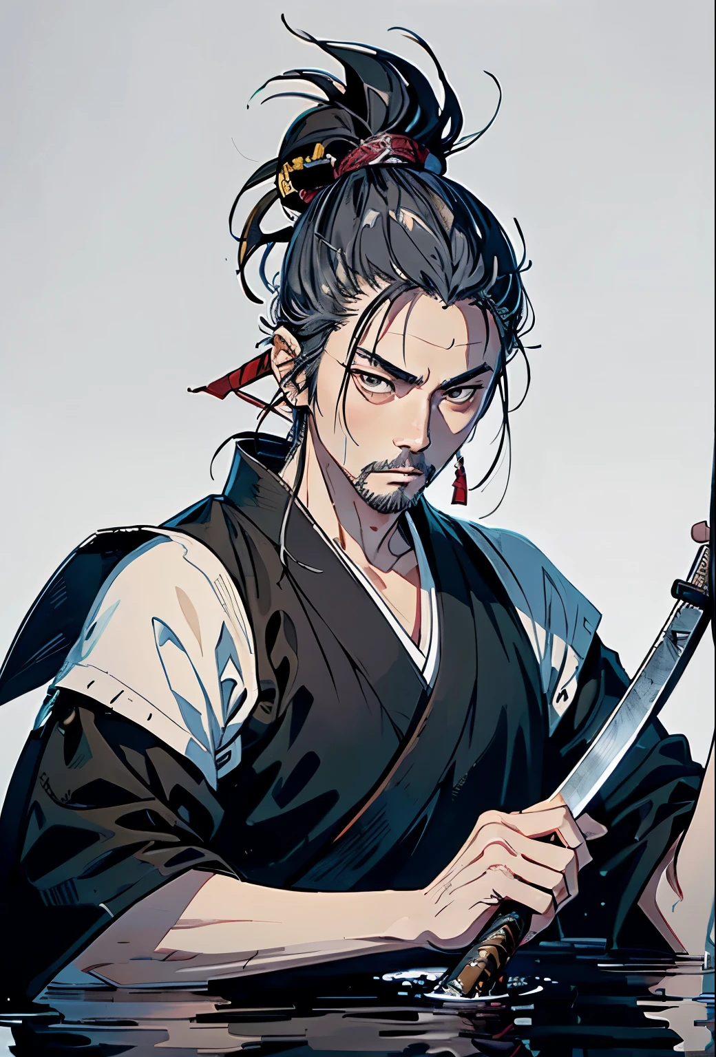 white background, Ink Painting, Holding a bow and arrow, Gray Hair,Alafed image of a man with a sword in his hand, samurai portrait,  miyamoto musashi, ancient Japanese Samurai, samurai portrait, Japanese Samurai, Inspired by Wu Daozi, Samurai Style, Samurai Man Wanderer, Traditional Japanese concept art, Works inspired by Kano Hogai,Sitting on the still water,Spiegel stops water,historic,