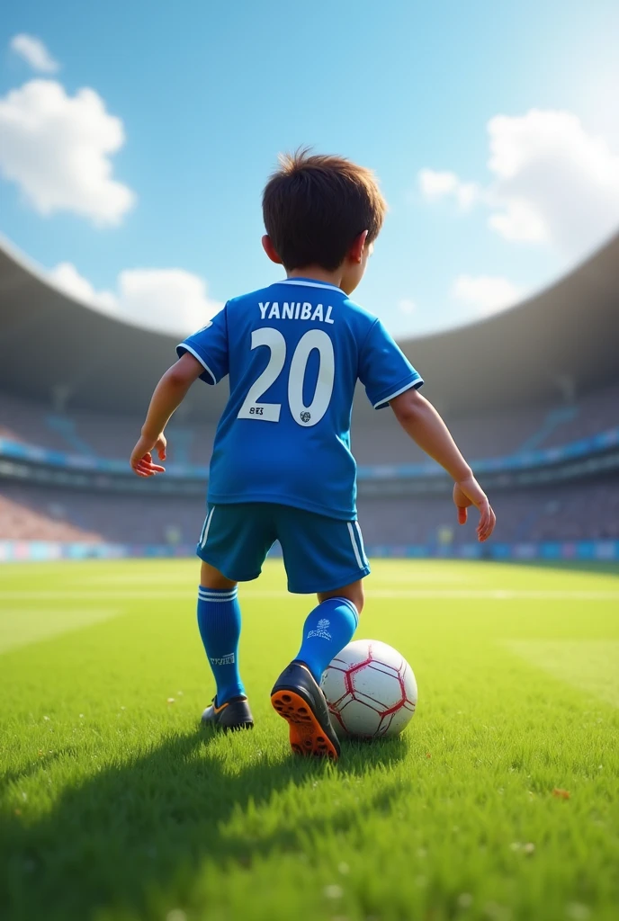 Create the image of a child soccer player with a Sporting Cristal blue shirt , number 20 and with the name Yanibal kicking a free kick