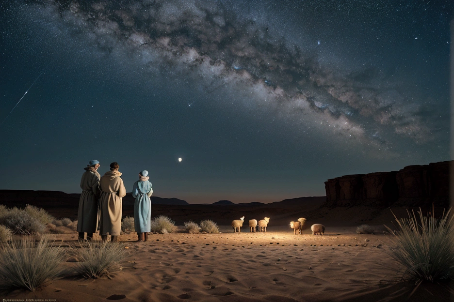 Photorealistic image depicting a pastoral night scene with three shepherds in the desert. No part of their faces can be seen, as they are facing away from the viewer. The light comes from the crescent moon. The layout features some sheep sleeping amidst vegetation and, in the foreground, three shepherds with their backs turned, surprised and excited by something they see in the sky. All are standing, except for one who is sitting on a rock; another is pointing with his open hand to a star, which they are all looking at, all with their backs turned, their faces cannot be seen. Their bodies show a state of alertness. Nothing can be seen of their faces. Each holds a staff and is dressed in robes with head coverings in blue, green and red. They are in a desert location where there is some vegetation and rocks. Scattered around them are some sleeping white sheep. The background consists of desert dunes in shades of brown and orange, creating a contrast with the dark blue and starry night sky, with a waning moon. The overall composition evokes a peaceful and pastoral atmosphere. Realistic image, 8k, photography.