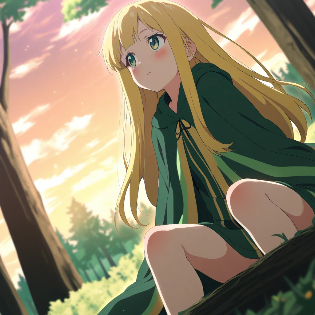 {{cowgirl shot, dutch angle, female focus}} {{Artist: Sincos}} cover girl, female, solo, beautiful, cute, yellow hair, long hair, straight hair, bangs, green emerald eyes, long green mage robe, up close, girl looking up admiring, awe-struck, thick trees in background, large magical forest, beautiful yellow clouds, wind blowing , legs, feet, toes on ground