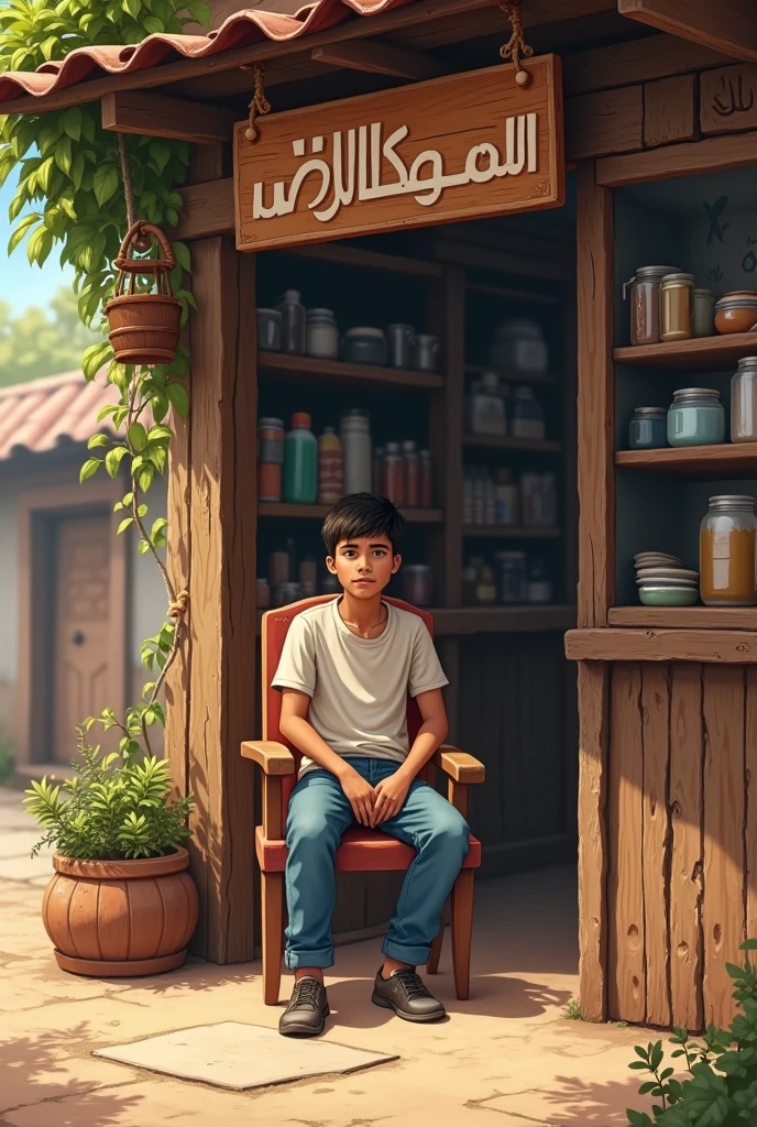 A boy  is setting in his shop on chair in a village store and the shop name is najib general store 