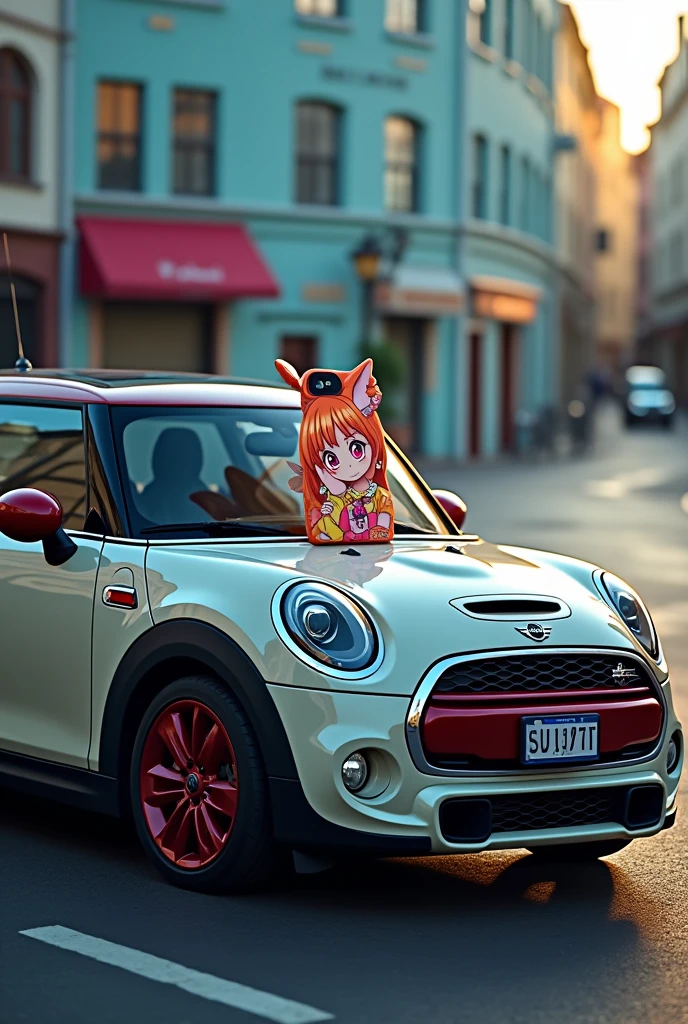 Make image that a anime costum phone case kept on a mini cooper