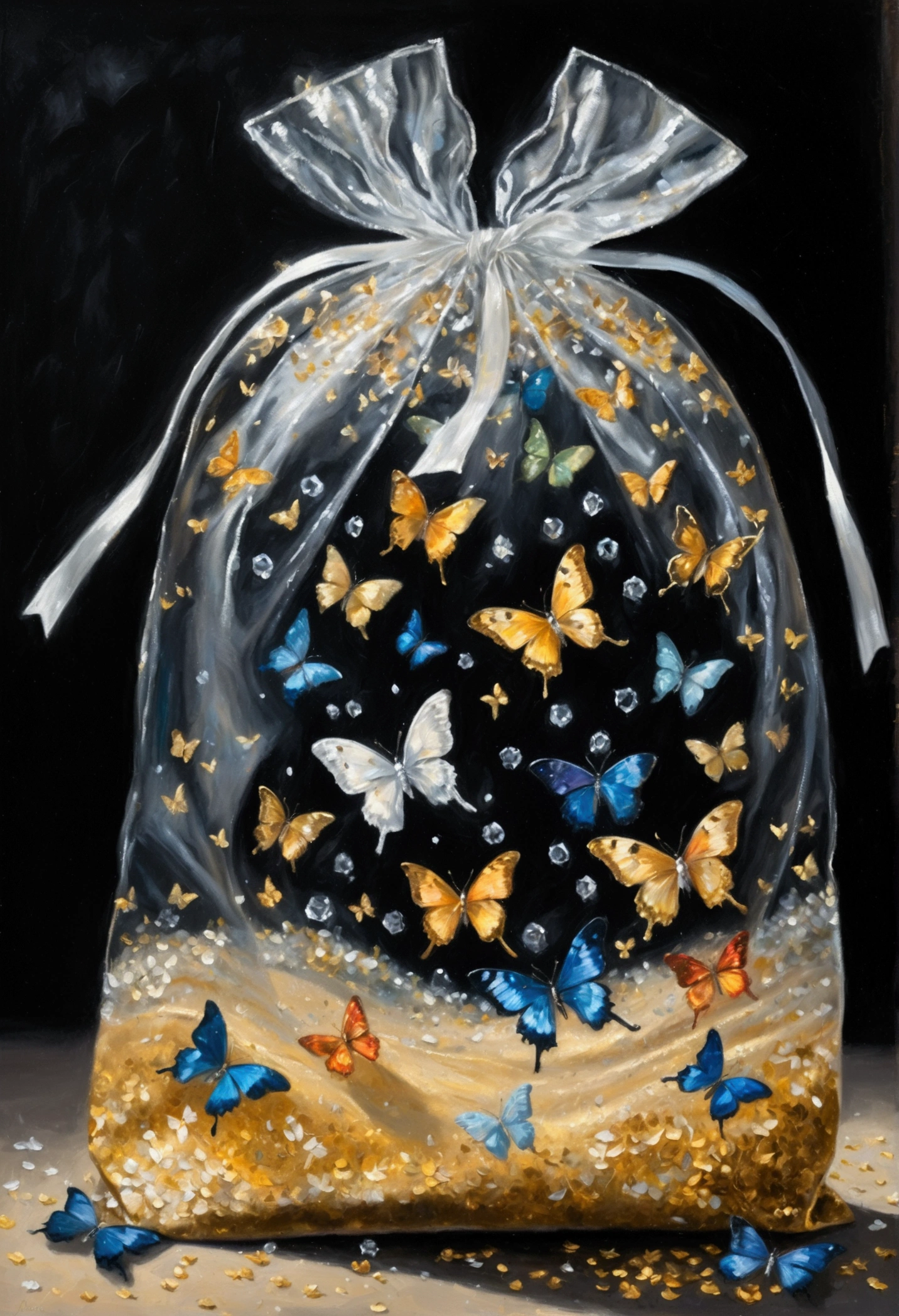 oil painting, a very transparent bag with crystal material, a white ribbon ties the bag, 6 small colorful butterflies flying inside the bag, a few golden sands in the bag, black background, fantasy, glittering particles around the bag, magical atmosphere, detailed texture, low purity tone, Monet style