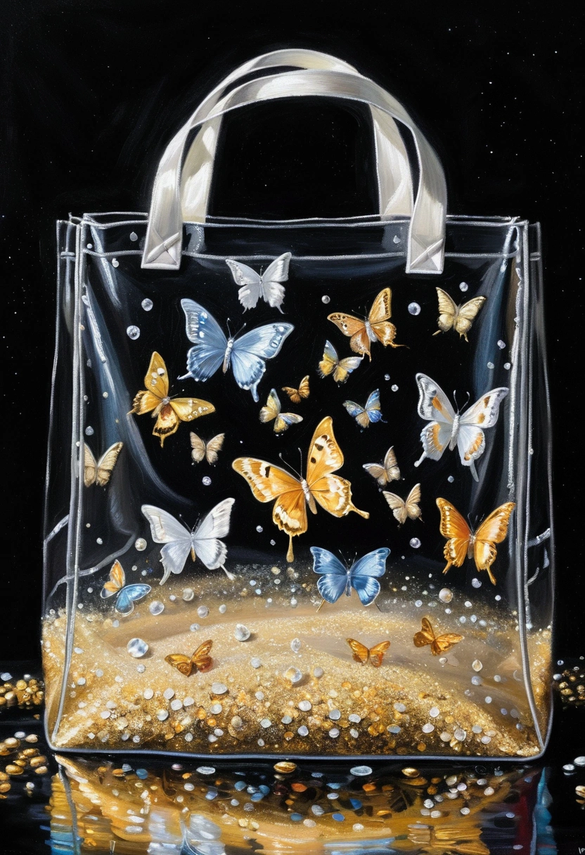 oil painting, a very transparent bag with crystal material, a white ribbon ties the bag, 6 small colorful butterflies flying inside the bag, a few golden sands in the bag, black background, fantasy, glittering particles around the bag, magical atmosphere, detailed texture, low purity tone, Monet style