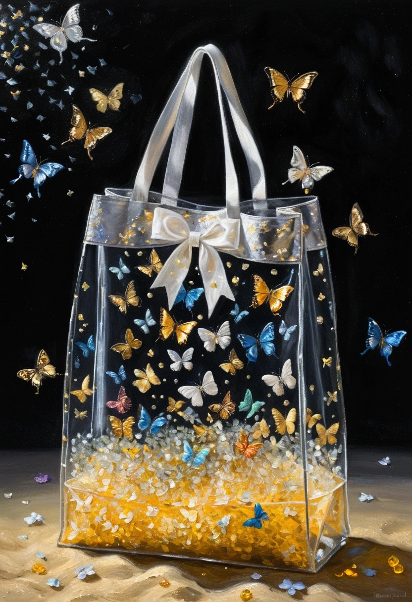 oil painting, a very transparent bag with crystal material, a white ribbon ties the bag, 6 small colorful butterflies flying inside the bag, a few golden sands in the bag, black background, fantasy, glittering particles around the bag, magical atmosphere, detailed texture, low purity tone, Monet style