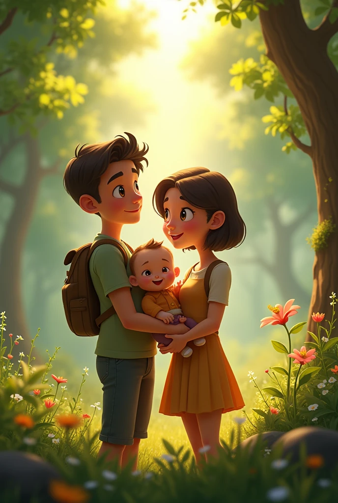 A young couple with their 9-month-old baby, the girl with her short hair in a beautiful forest with their names Marion Mary Thiago