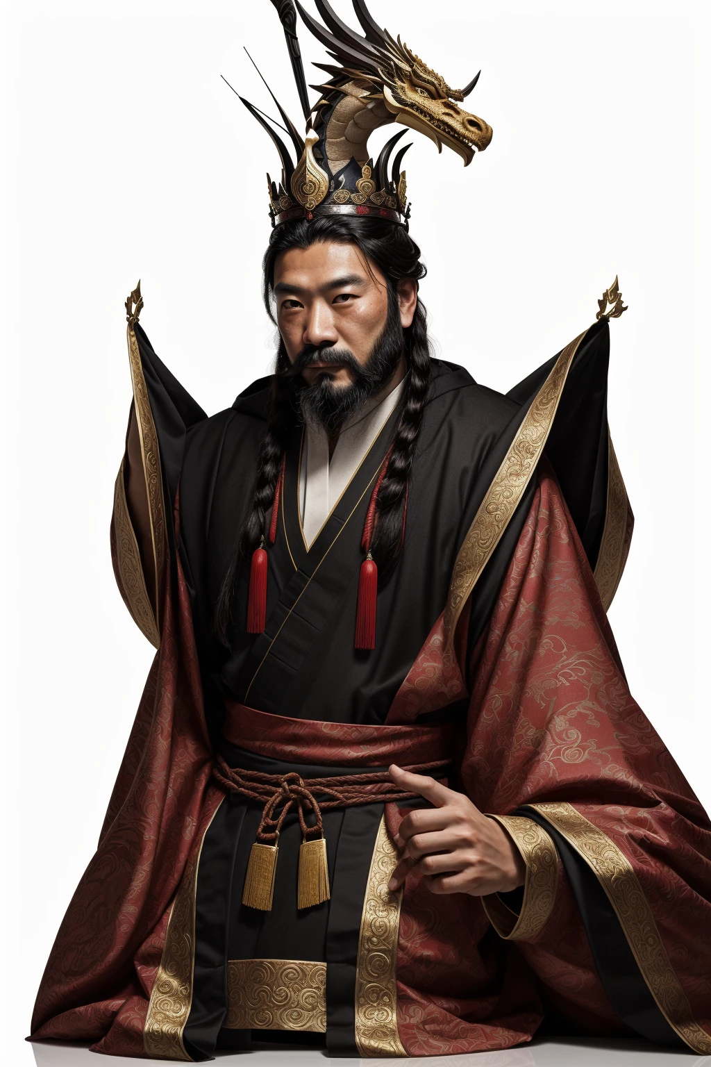 an image of an asian man dressed in traditional dragon pattern clothing, shaggy black beard, authoritative face, from three kingdoms, Emperor of the Han Dynasty, emperor's headdress, realistic, white background, 8k, super detail, ccurate, best quality, realistic, photorealistic