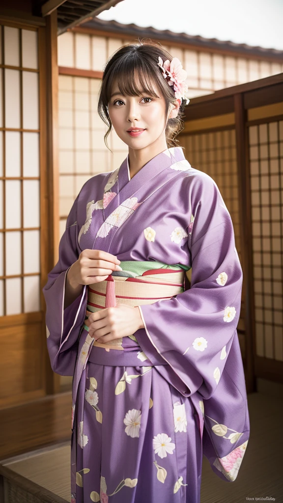 a mature beautiful Japanese woman, 39-year old, shy, chubby body shape, (wearing pink flower pattern common Japanese Yukata with Not twisted obi:1.25), portrait, masterpiece, best quality, High resolution, plum lips), tie dark brown hair, 8k, traditional Japanese house outside,