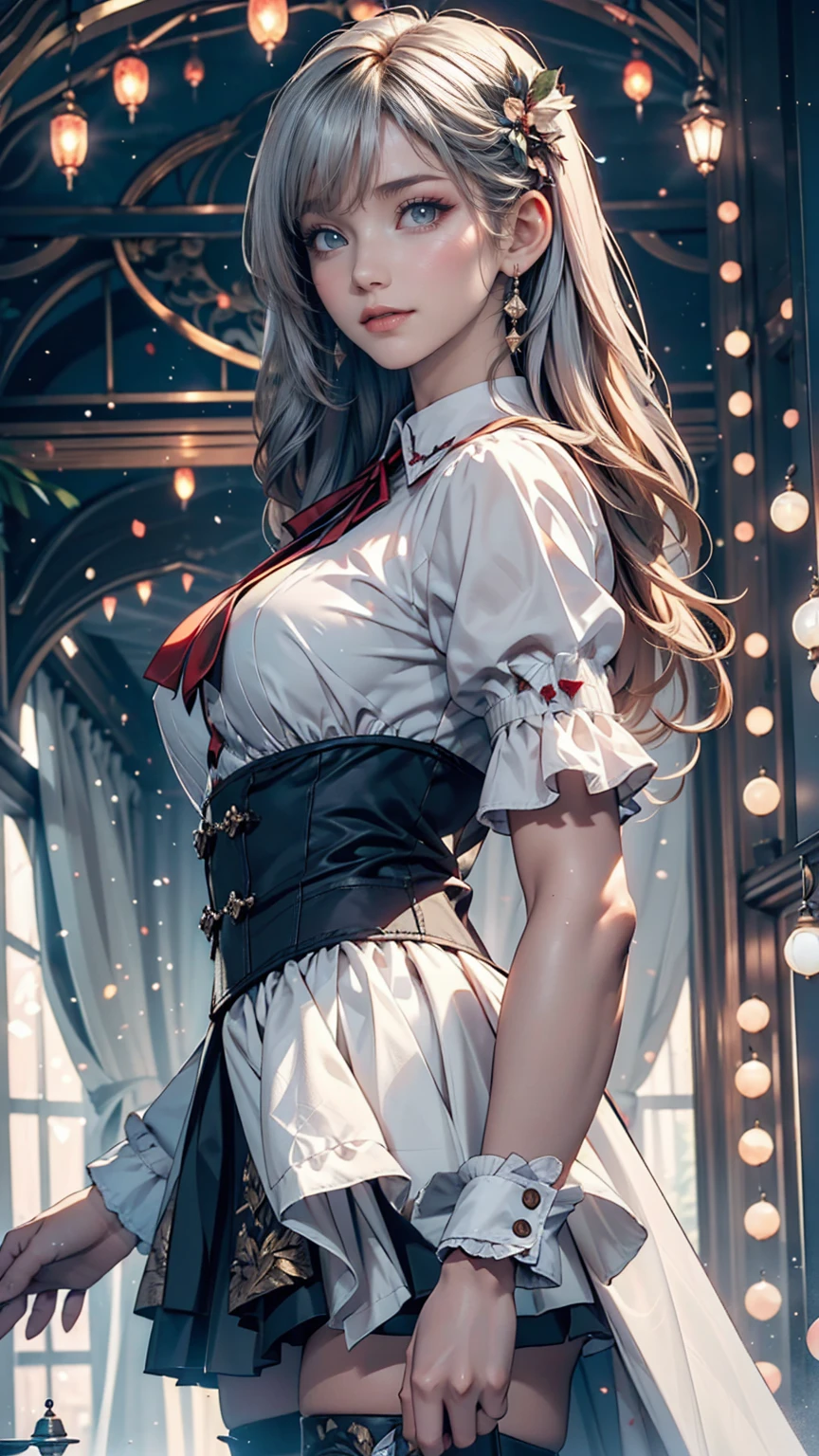 ((masterpiece)), (Highest quality))), (Character design sheet, National costume, same characters, front, ~ side, return), figure, 1 girl, whole body, Silver Hair, eyes hair, Beautiful Eyes, Princess Cut, Environmental change scene, Short skirt, Shyness, woman, girl, Are standing, Gothic Lolita, VTuber, Chartern Betarola, (simple returnground, white returnground: 1.3) ( masterpiece:1.2), (Highest quality:1.3)