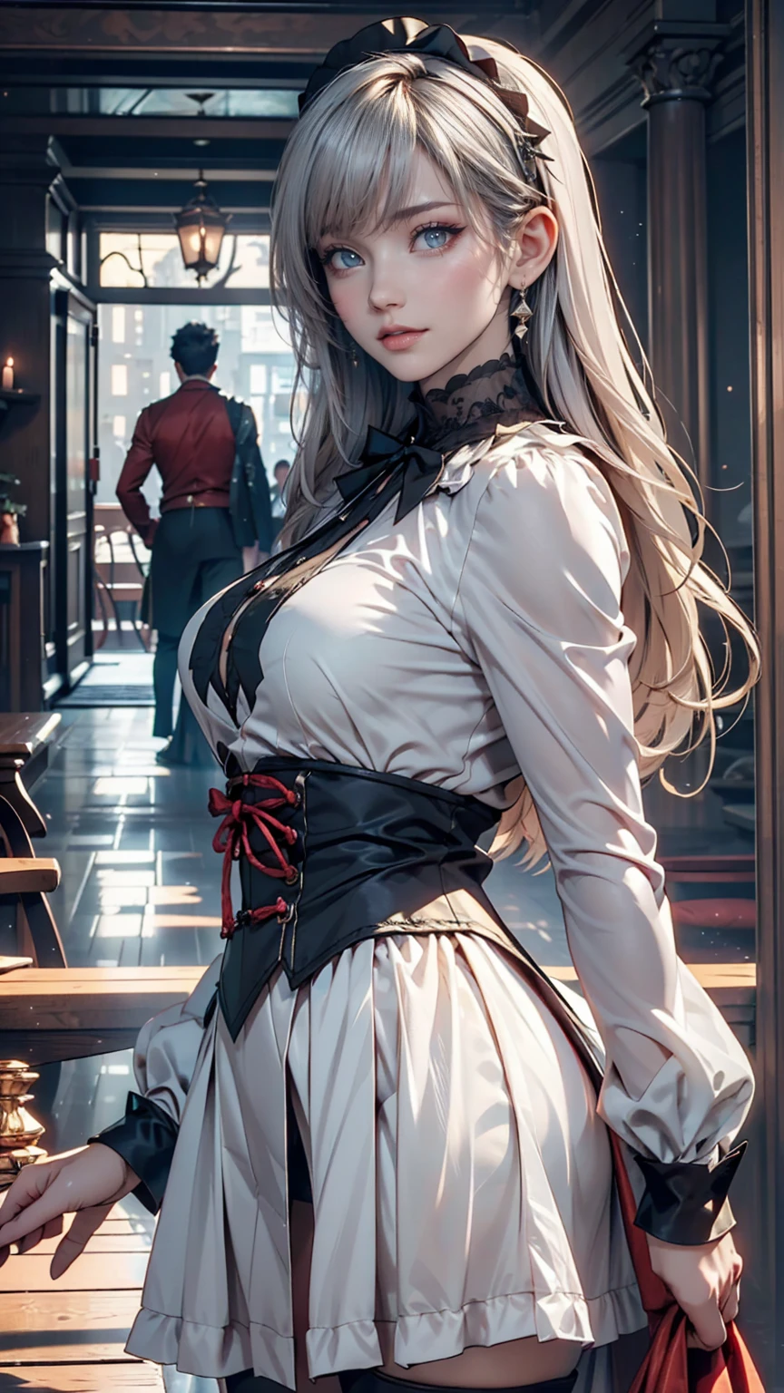 ((masterpiece)), (Highest quality))), (Character design sheet, National costume, same characters, front, ~ side, return), figure, 1 girl, whole body, Silver Hair, eyes hair, Beautiful Eyes, Princess Cut, Environmental change scene, Short skirt, Shyness, woman, girl, Are standing, Gothic Lolita, VTuber, Chartern Betarola, (simple returnground, white returnground: 1.3) ( masterpiece:1.2), (Highest quality:1.3)