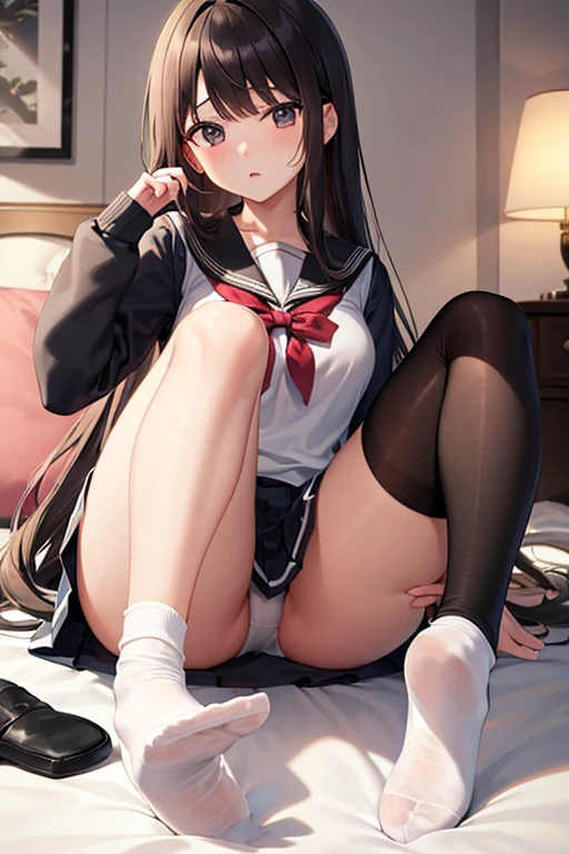 masterpiece、Highest quality、High school girls、Sitting on bed、Brown long hair、Sailor suit、Black pleated skirt、Black knee-high socks、Slightly larger 、Inner thighs、Show me the soles of your socks、Spreading her legs
