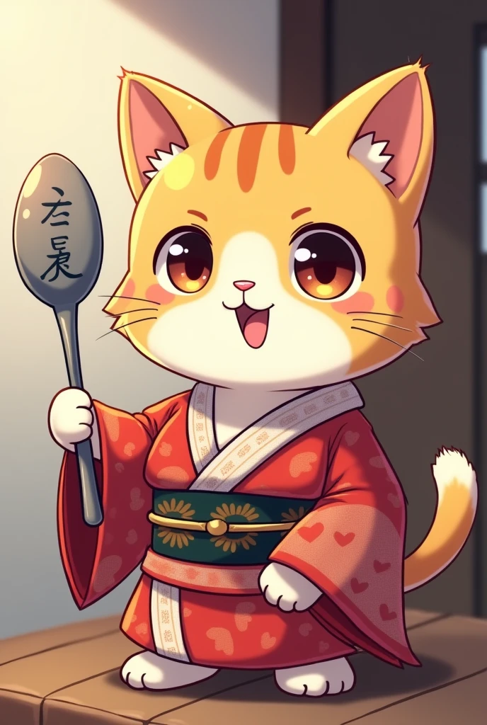Cat wearing kimono。Her face is cute like an anime character。He has a silver spoon in his hand。The cat is yellowish in color。The spoon says 7gz.