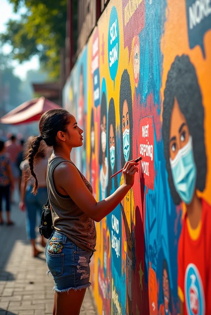 An Artist girl, doing wall painting, in market, painting covid prevention