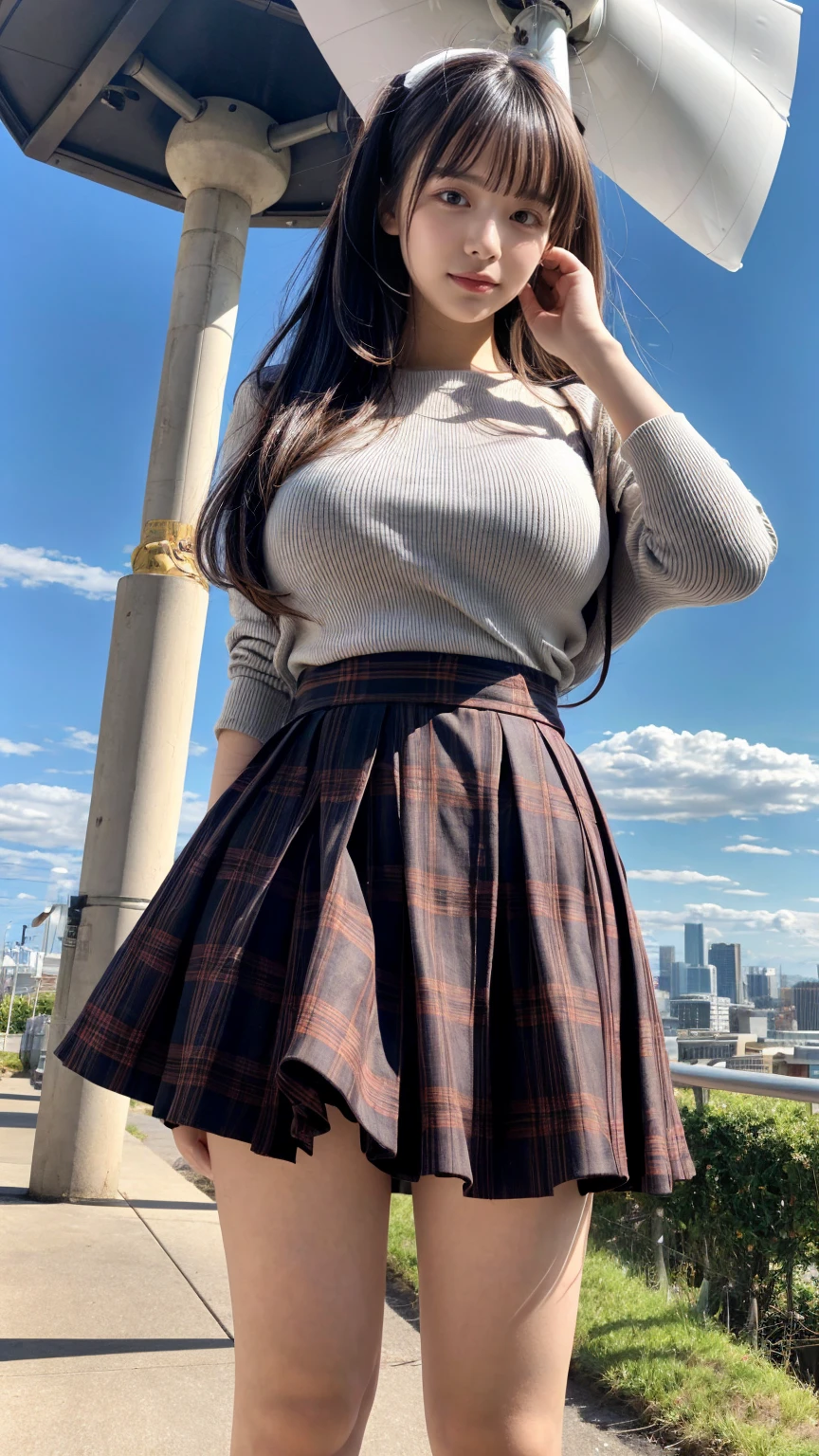 1 giantess standing above the city,Graceful figure,1 girl,big deal_breast, long_sleeve, outdoor, , shooting, Plaid, Plaid_skirt, strength_Lines, School_, skirt, Sky, alone, underwear, upskirt, Utilities_No, wind_turbine,realistic art,(emphasize),Look up at camera,a giantess, crying a little、 Harajuku style、20 year old girl、cute type、ta、beautiful legs,