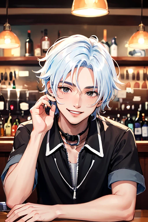 ((masterpiece)), (((best quality))), chromatic lighting,
colorized, white + black limited color palette, 
detailed concept drawing, no weird object on his face, street fashion,
at a bar, portrait, 20yo 1guy, slender, short white hair, black eyes, smiling