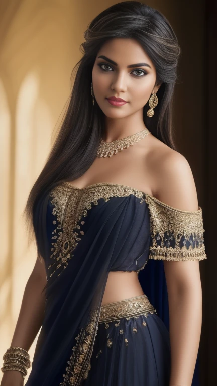 (best quality,4k,8k,highres,masterpiece:1.2),ultra-detailed,(realistic,photorealistic,photo-realistic:1.37),Al-Uzza, the ancient Arabian goddess of beauty and black magic, off-shoulder, extremely detailed face and eyes, long eyelashes, detailed lips, intricate jewelry, flowing dress, ornate background, warm lighting, fantasy art, cinematic composition, dramatic lighting, dramatic pose, dramatic expression, cinematic shot, detailed fabric textures, dynamic composition, rich colors, dramatic chiaroscuro, mystical atmosphere