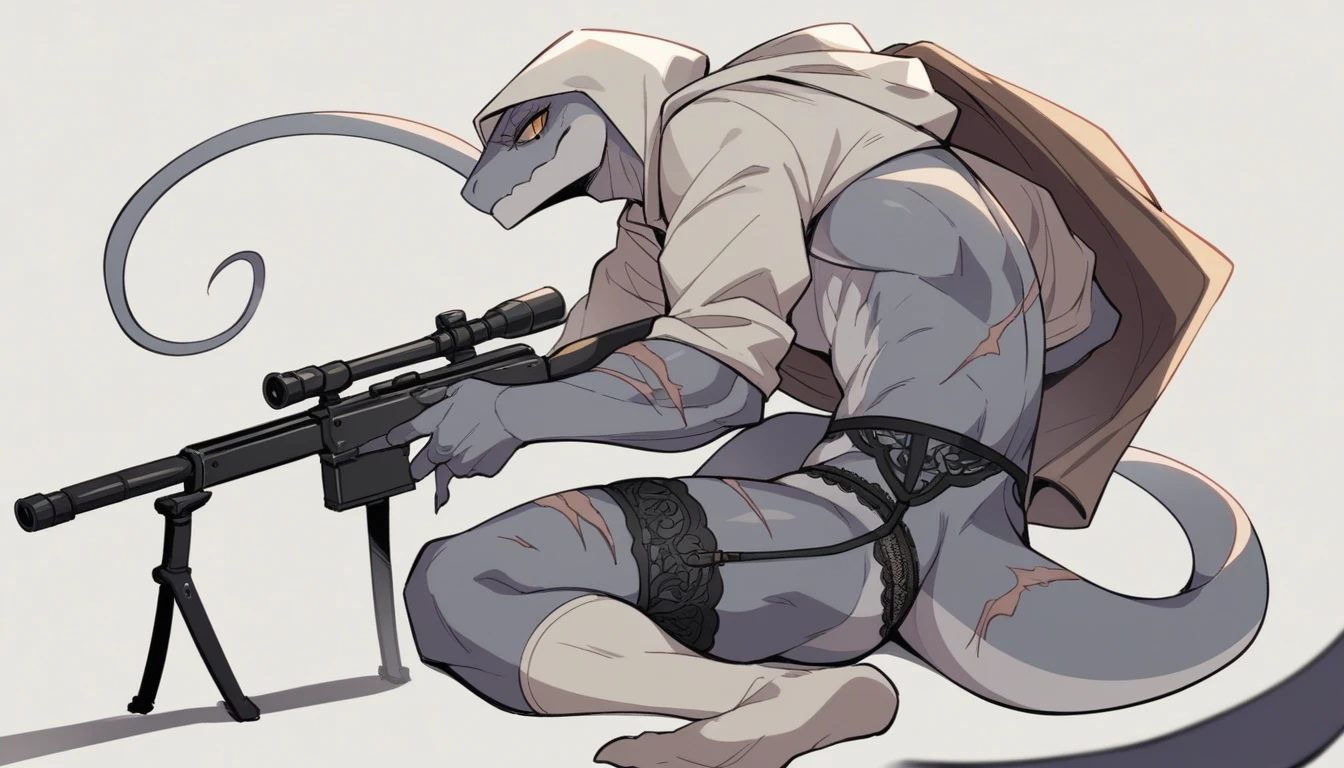 One person、Slender lizard man、masterpiece、Highest quality、Black body、There are scars on the body、Sharp Eye、Light blue lace underwear、Lace fabric bra、Knee-high socks、garter belt、Long, thin tail、Hooded camouflage coat、gun、In the ruins、Accentuate your butt、Prone、Tail up