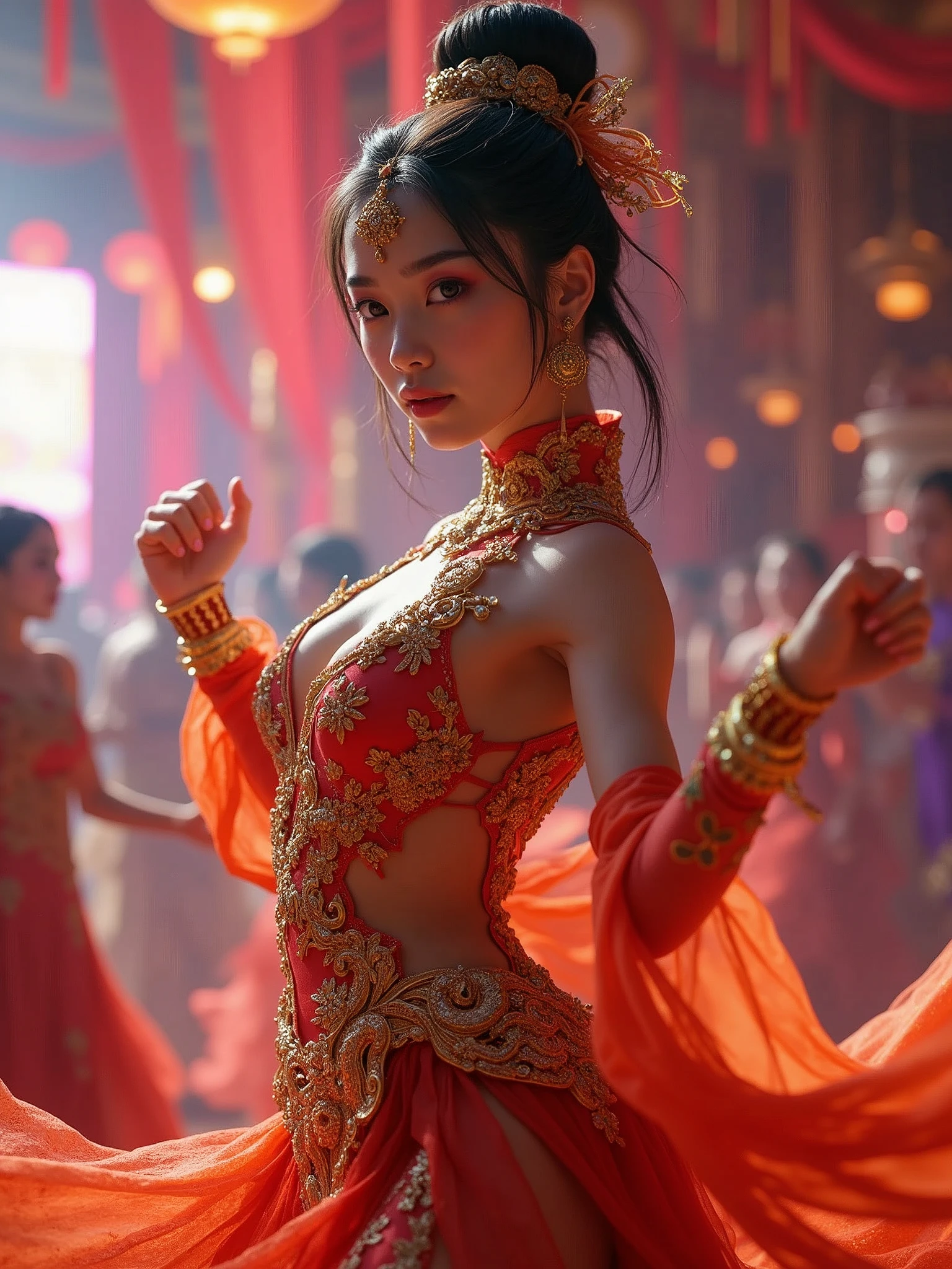 a martial arts fighter in a colorful  outfit, wearing a fancy dress, dancing at a , elegant movement, beautiful detailed eyes, beautiful detailed lips, extremely detailed face, long eyelashes, detailed jewelry, glowing skin, intricate  decorations, festive lighting, (best quality,4k,8k,highres,masterpiece:1.2),ultra-detailed,(realistic,photorealistic,photo-realistic:1.37),vibrant colors,dynamic pose,dramatic lighting,portrait