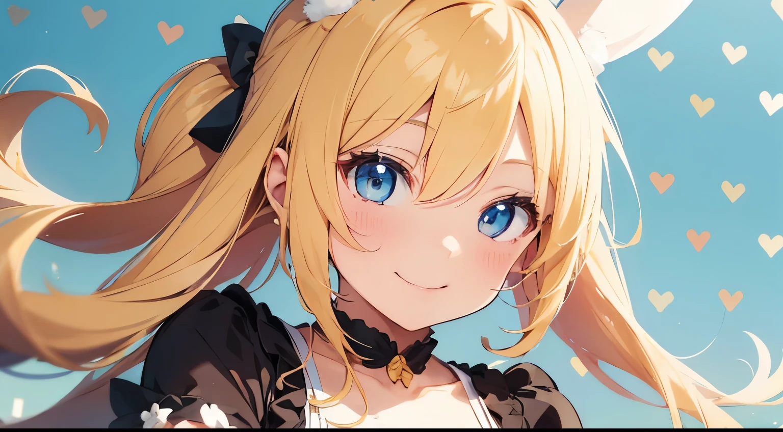 Highest quality, pretty girl, pastel colour, Fluffy bunny ears, smile、Golden Hair,Blue colored eyes,Background is solid color,pop、colorful,wallpaper style
