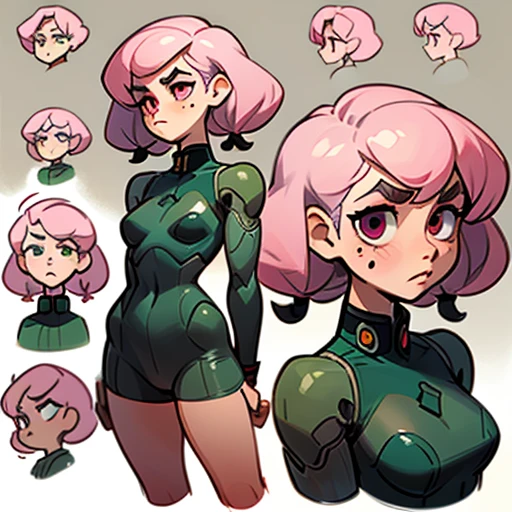 A short girl, with a robust and compact appearance.
but with a strong and well-defined body. Her arms and legs are muscular.
Her face is rounded, with full cheeks that give her a slightly childish but also expressive appearance.
She has large, round, deep pink eyes. Her eyebrows are thick and dark.
Her nose is small and round, and her lips are thin, usually curved in a determined or annoyed expression.
She has a small beauty mark (mole) near her right eye.
very curly, light pink hair, which is her most prominent feature.
Her hair is tied up in two voluminous pigtails that sit on the sides of her head. These curls are large and tight, spreading outward like two pompoms.
Her bangs are thick and curly, falling just above her eyebrows.
Dressed in transparent militar green erotic Lingerie and with Robotic elements
(((character sheet))) ((various views)) ((front and back) (Face detail) (full body)