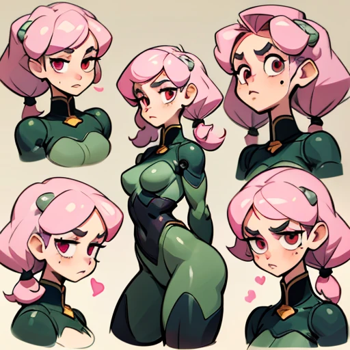 A short girl, with a robust and compact appearance.
but with a strong and well-defined body. Her arms and legs are muscular.
Her face is rounded, with full cheeks that give her a slightly childish but also expressive appearance.
She has large, round, deep pink eyes. Her eyebrows are thick and dark.
Her nose is small and round, and her lips are thin, usually curved in a determined or annoyed expression.
She has a small beauty mark (mole) near her right eye.
very curly, light pink hair, which is her most prominent feature.
Her hair is tied up in two voluminous pigtails that sit on the sides of her head. These curls are large and tight, spreading outward like two pompoms.
Her bangs are thick and curly, falling just above her eyebrows.
Dressed in transparent militar green erotic Lingerie and with Robotic elements
(((character sheet))) ((various views)) ((front and back) (Face detail) (full body)