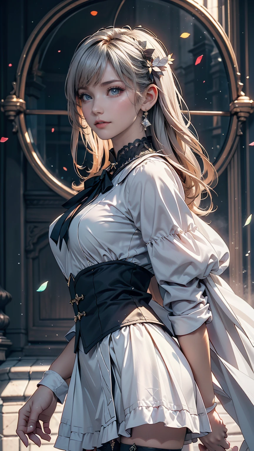 ((masterpiece)), (Highest quality))), (Character design sheet, National costume, same characters, front, ~ side, return), figure, 1 girl, whole body, Silver Hair, eyes hair, Beautiful Eyes, Princess Cut, Environmental change scene, Short skirt, Shyness, woman, girl, Are standing, Gothic ta, VTuber, Chartern Betarola, (simple returnground, white returnground: 1.3) ( masterpiece:1.2), (Highest quality:1.3)