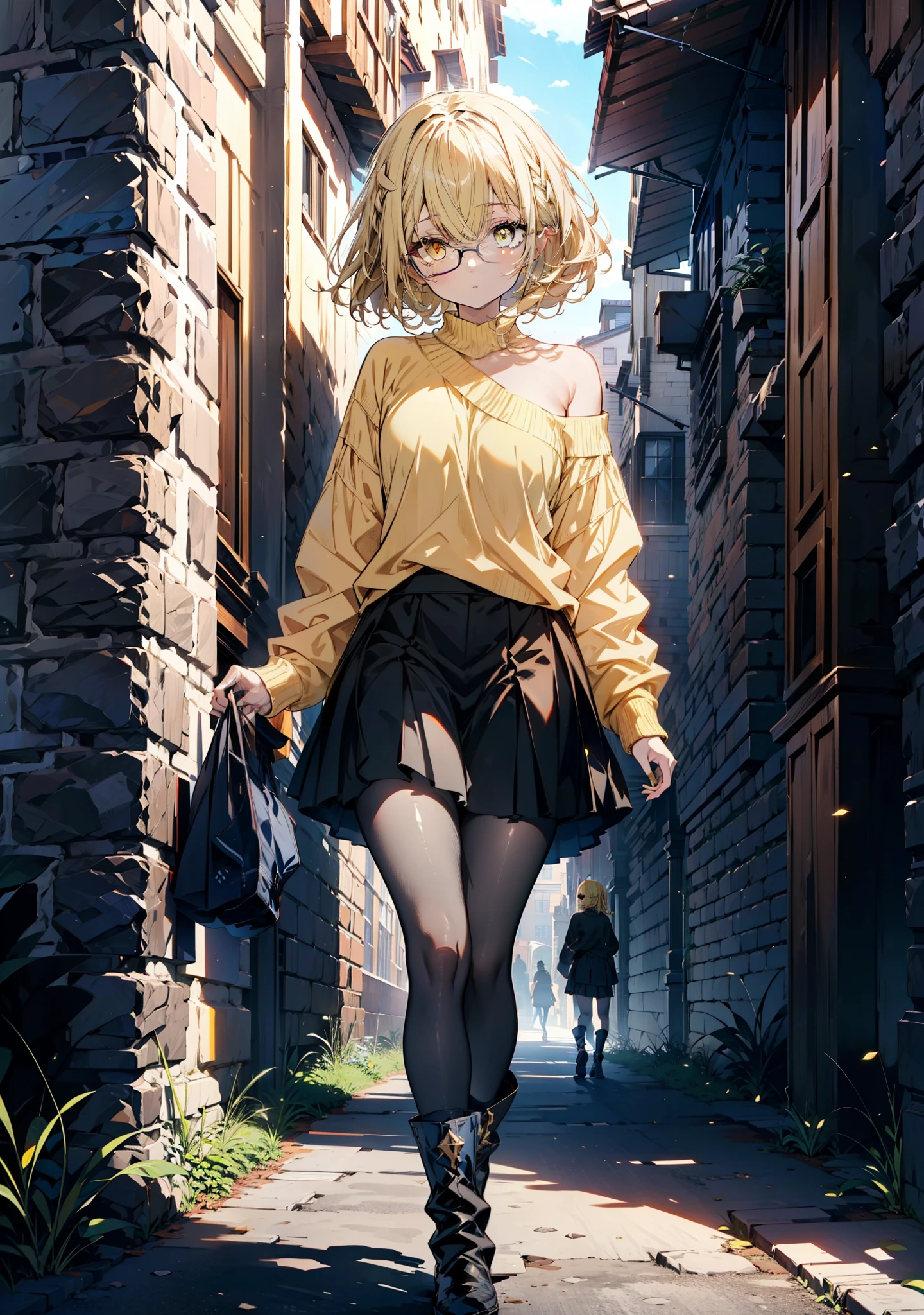 アイスWallenstein, Wallenstein, blonde, Hair between the eyes, hair band, Long thick braids,Glasses, (Yellow Eyes:1.5),One-shoulder sweater,Long skirt,Black pantyhose short boots,Walking,Daytime,Clear skies,whole bodyがイラストに入るように,　　　　　　　　　　　　　　　　　　break looking at viewer, whole body, 　　　　　　　　　　　　　　　　　　　break outdoors,Building district,　　　　　　　　　　　　break (masterpiece:1.2), Highest quality, High resolution, unity 8k wallpaper, (shape:0.8), (Beautiful and beautiful eyes:1.6), Highly detailed face, Perfect lighting, Extremely detailed CG, (Perfect hands, Perfect Anatomy),