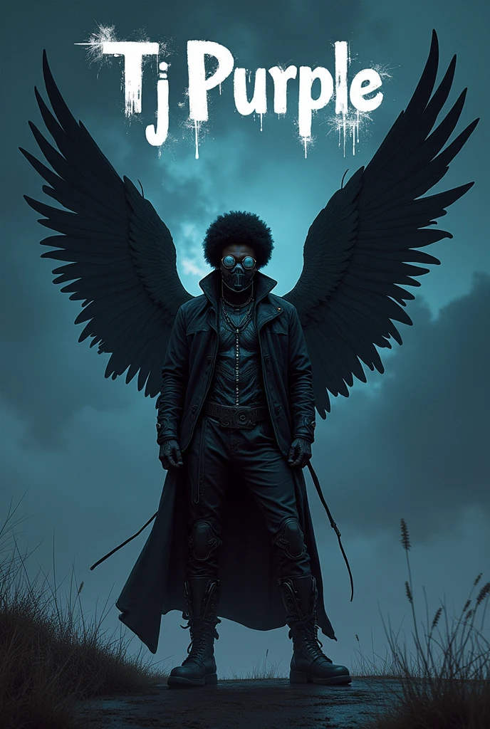 Afro male in rockstar outfits cyberpunk mask on with huge wings on stage singing, the word Tj Purple boldly written on the background in horror text
