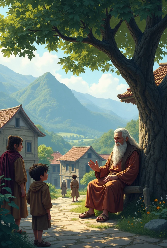 The Village and the Wise Old ManPrompt: "A small, peaceful village nestled in the mountains, with traditional houses and cobblestone paths. In the center of the village, a wise old man with a long beard and kind eyes sits under a large tree. He is surrounded by villagers seeking advice, with Aryan, a young boy, standing shyly at the edge of the group."