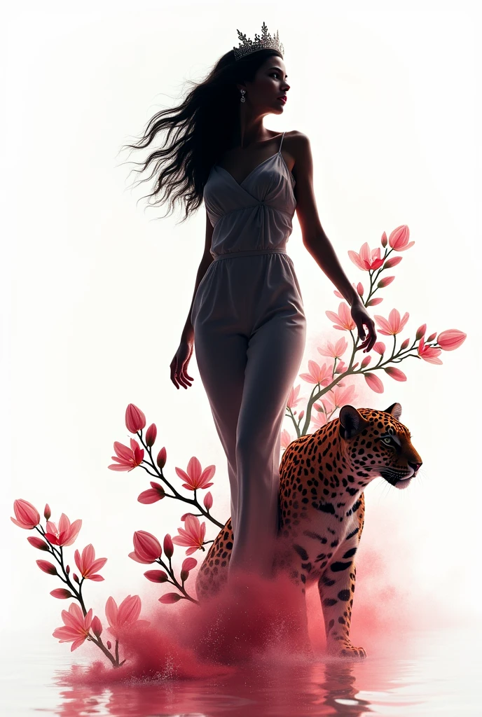Silhouette of beauty queen on a white background decorated with jaguar and spring of Guatemala
