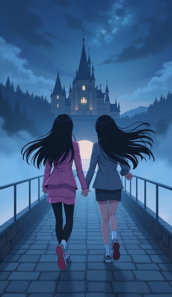 Two girls long black hairs, yuri,(The first girl wear a pink suit, black shirt, pink pencil skirt, black underpants, black tights, white socks, pink sneakers) and (The second girl wore a grey suit, black shirt, grey pencil skirt, black underpants, black tights, white socks, grey sneakers), running on the long foggy bridge, entry of the castle, fantastic night sky, novel cartoon, 4K, HD