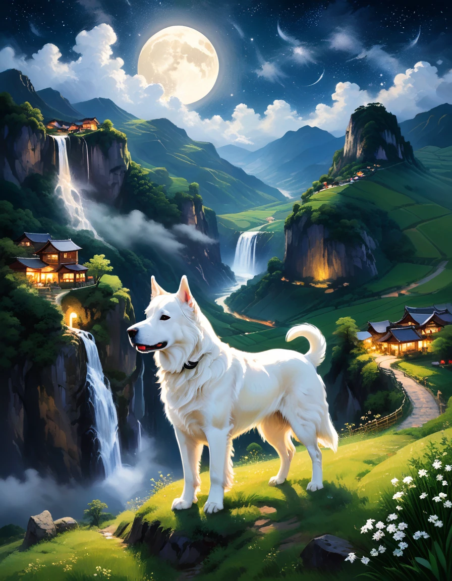 "quiet night、Moonlit landscape。A large white dog was walking along a grassy hillside、A small village can be seen in the distant valley。Cliffs and waterfalls surrounding the valley、The clouds spreading across the starry night sky create a fantastic atmosphere.。A scene with a quiet and mysterious landscape。"
