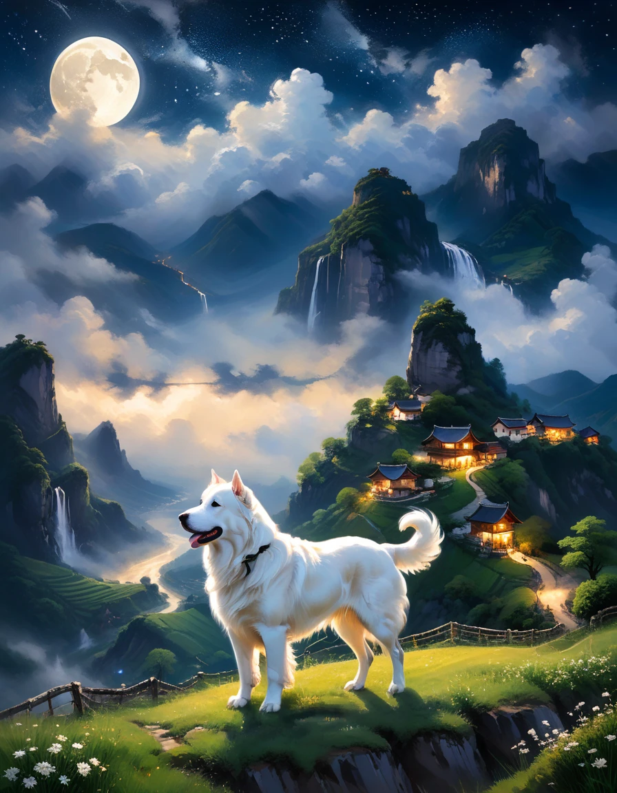 "quiet night、Moonlit landscape。A large white dog was walking along a grassy hillside、A small village can be seen in the distant valley。Cliffs and waterfalls surrounding the valley、The clouds spreading across the starry night sky create a fantastic atmosphere.。A scene with a quiet and mysterious landscape。"
