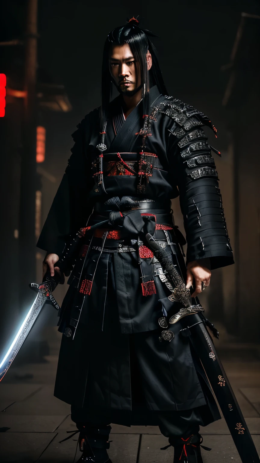 Close up portrait of a person with a sword in a dark room, inspired by Kanō Sanraku, demon samurai, Cyberpunk Samurai, Amazing anime 8k, Goth Ninja, urban samurai, Works inspired by Kano Hogai, portrait of a Cyberpunk Samurai, Devil Samurai Warrior, samurai jedi, very beautiful Cyberpunk Samurai, Samurai Man Wanderer, Samurai Style