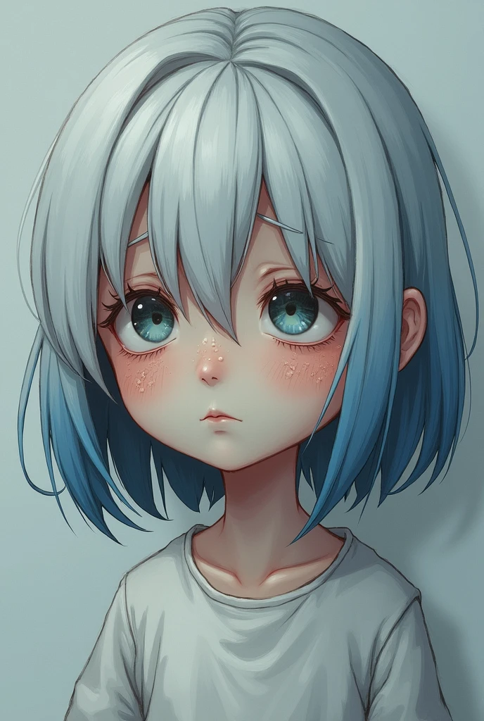 A girl crying with bumps on her face short straight white and blue hair 

