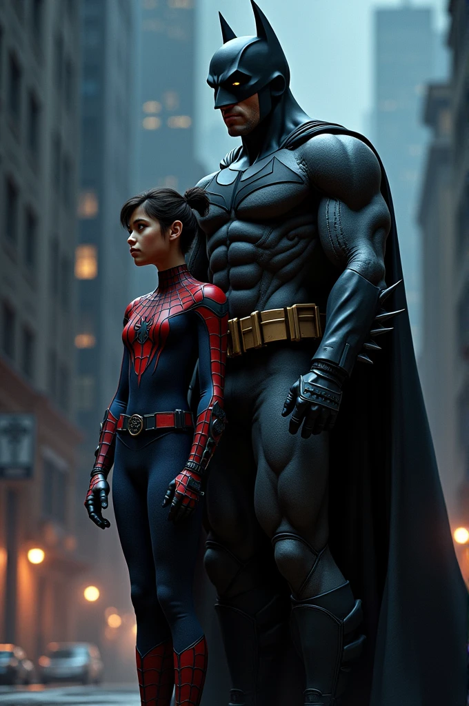 Create an image of a slim and muscular dark-skinned batman next to a girl in a dark-skinned spiderman costume